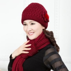 女式帽子圍巾兩(liǎng)件套 秋冬季中老年毛線帽 針織帽女 媽媽帽